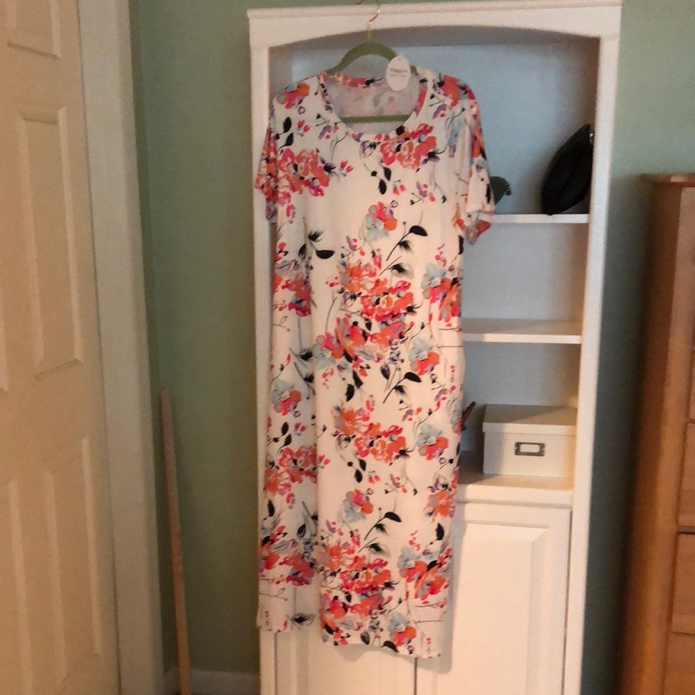 Red and Pink Sheath Midi Dress with Crew Neck